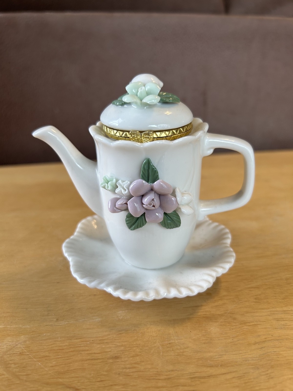 Capidimonte Floral Teapot Ceramic Hinged Trinket Box 4"