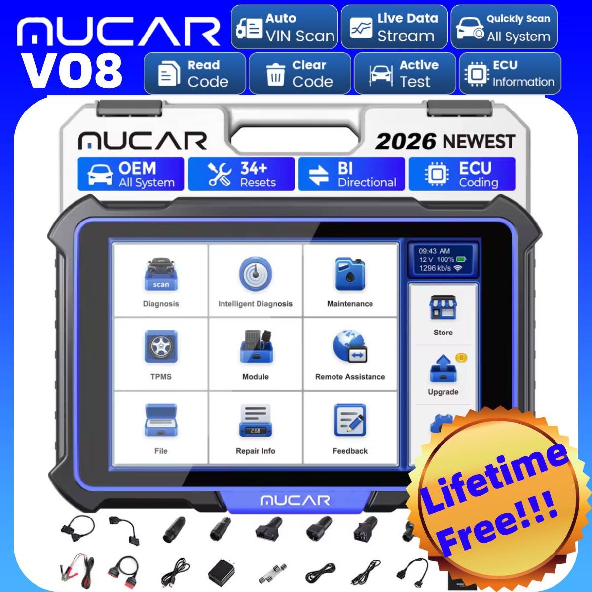 Newest MUCAR VO8 Key All System Diagnostic OBD2 Scanner 34+ Services Action Test