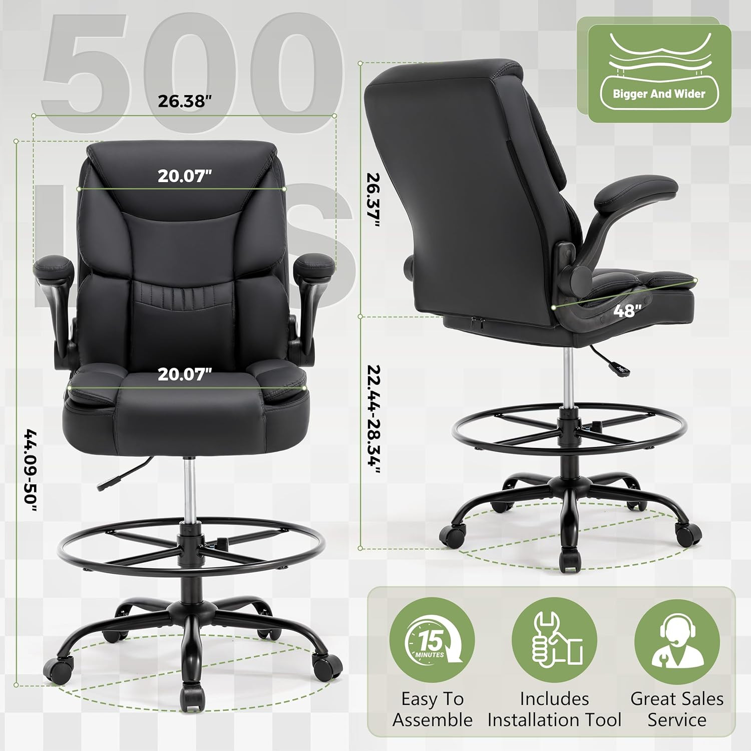500LBS Drafting Chair, High Back Safer Standing Desk Chair, Executive Tall Offic