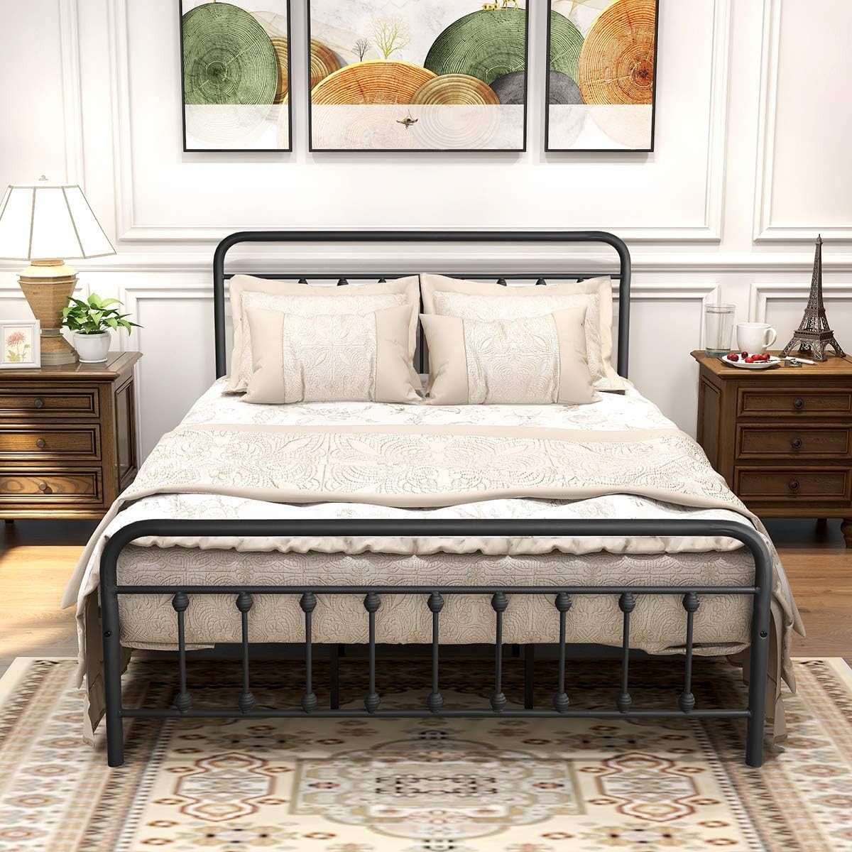 Textured Black Metal Queen Bed Frame with Headboard & Under Bed Storage