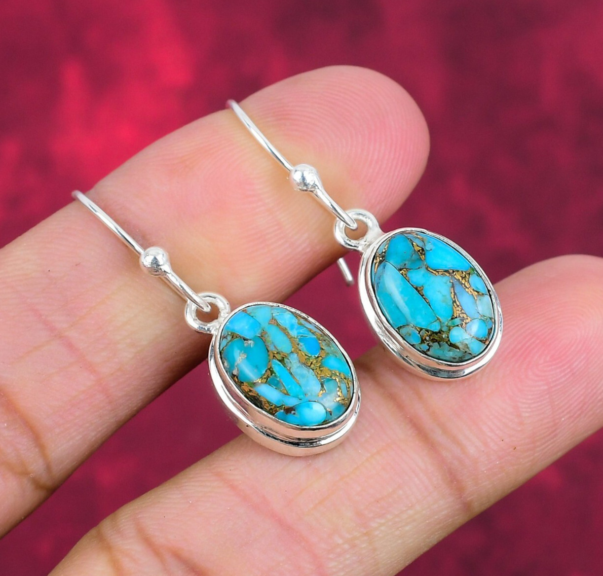 Blue Copper Turquoise Gemstone Handmade 925 Sterling Silver Earrings Jewelry