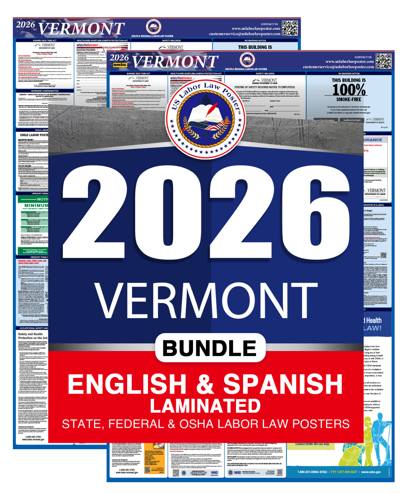 2026 Vermont VT LABOR LAW POSTER (Federal & State) Bundle Laminated