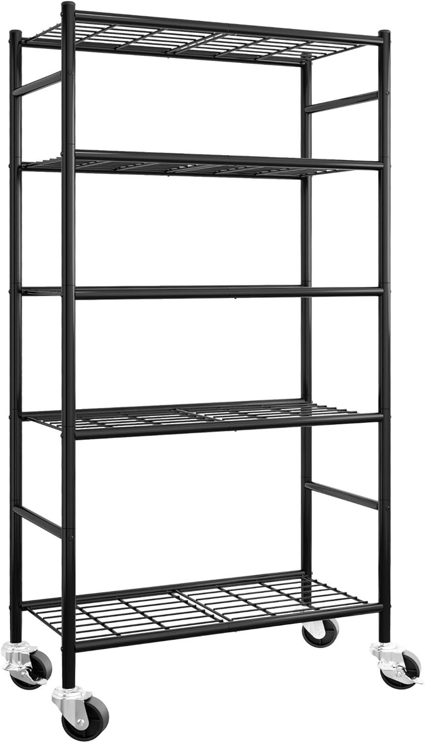 Storage Shelves Organizer 5 Tier Metal Shelf Organizer W/Metal Wheels Adjustable