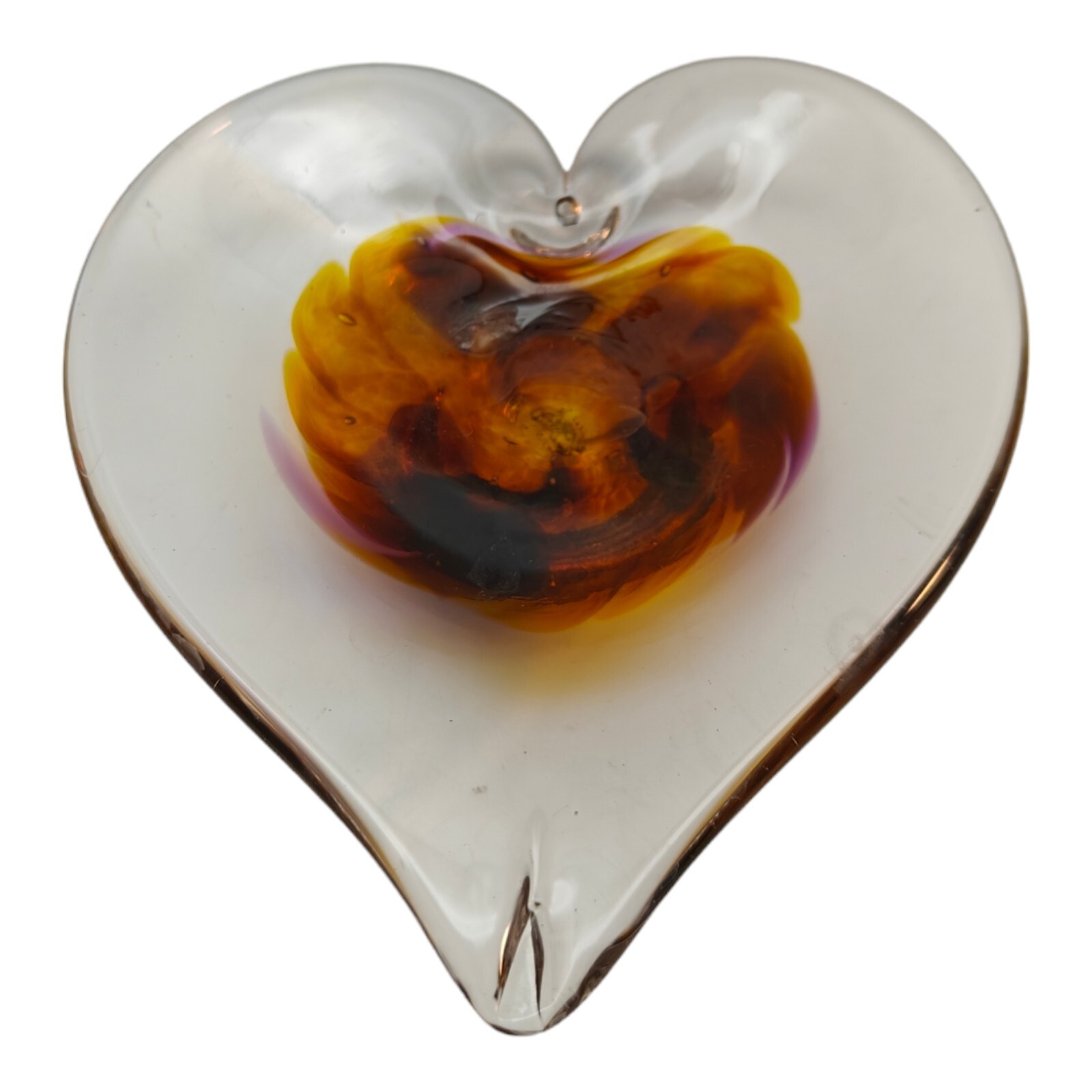Art Glass Heart Shape Trinket Dish Brown Clear