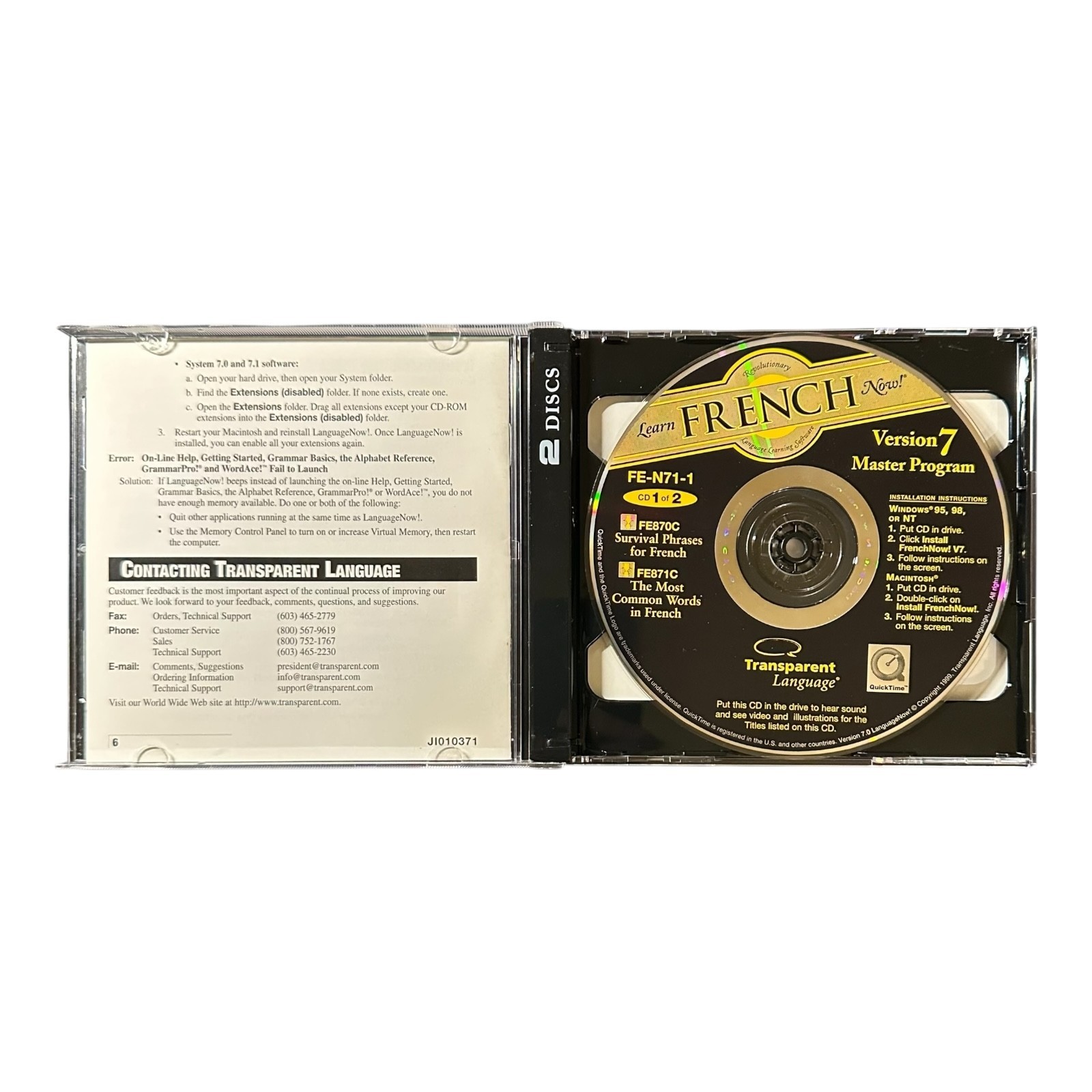 Learn French Now! – Version 7 – 2 CD‑ROM Set – Transparent Language – VG