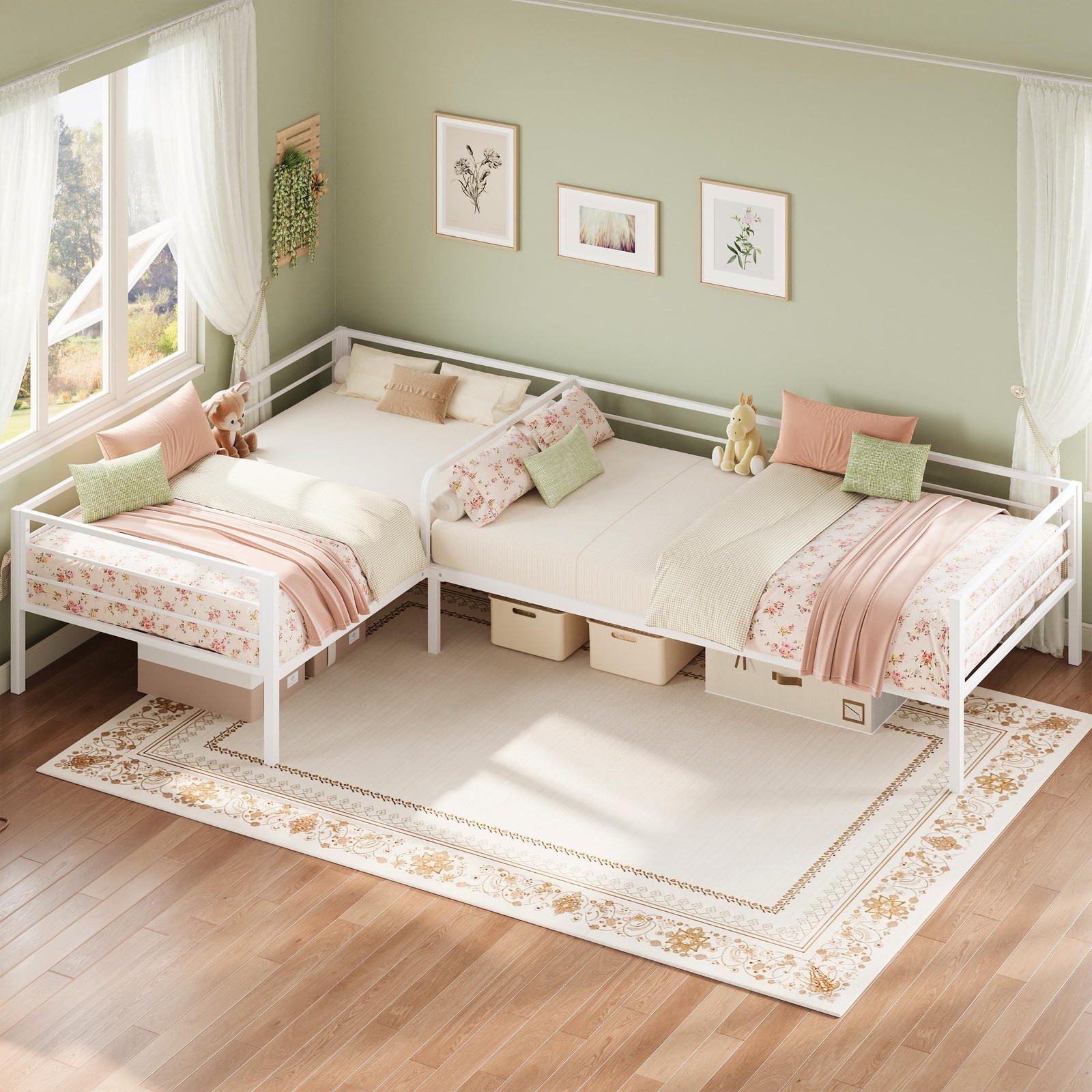 L Shaped Twin Beds for 2, Double Twin Bed with Rails, White