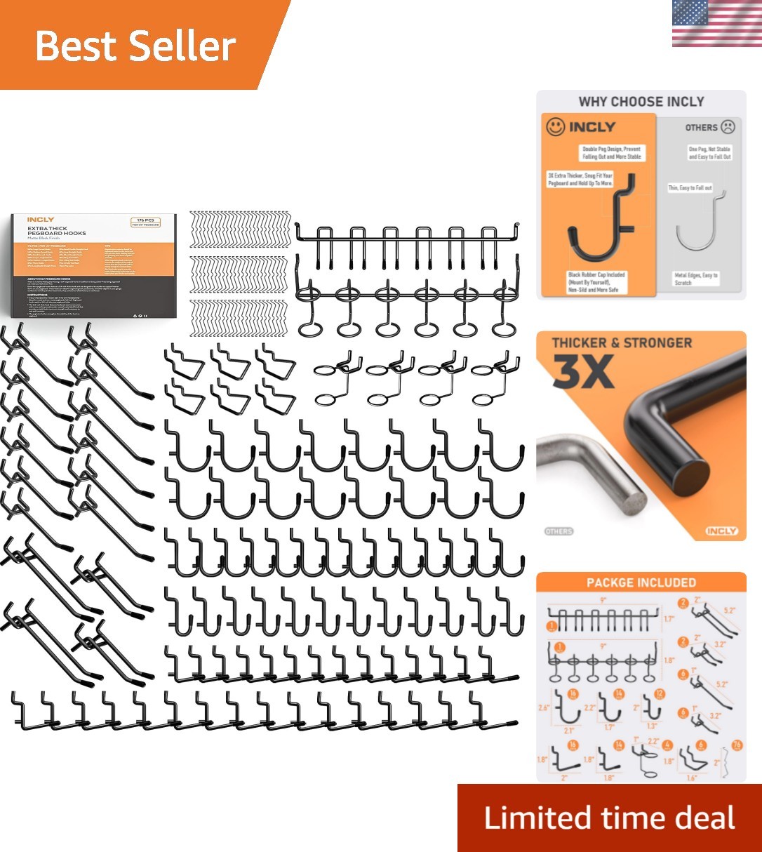 176PCS Extra Thick Pegboard Hooks, 1/4" Heavy Duty Black Metal Peg Board Hook...