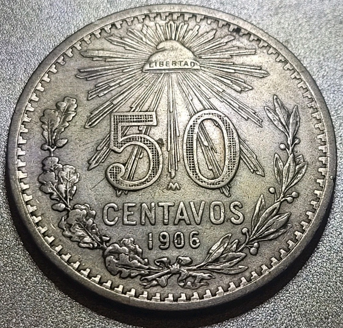 1906 MEXICO City EAGLE RADIANT CAP Old Silver 50 Centavos Mexican Coin i99324