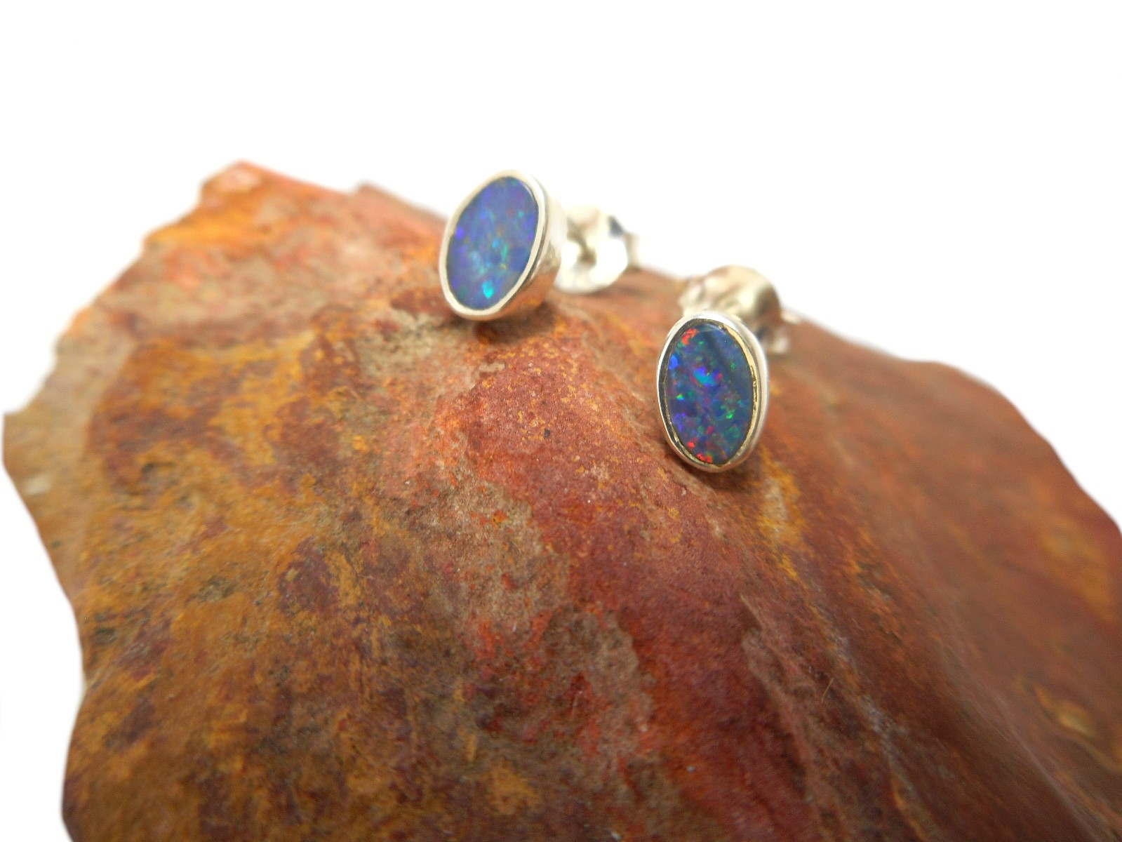 Natural Small Australian Opal Stud Earrings - Sterling Silver Gemstone