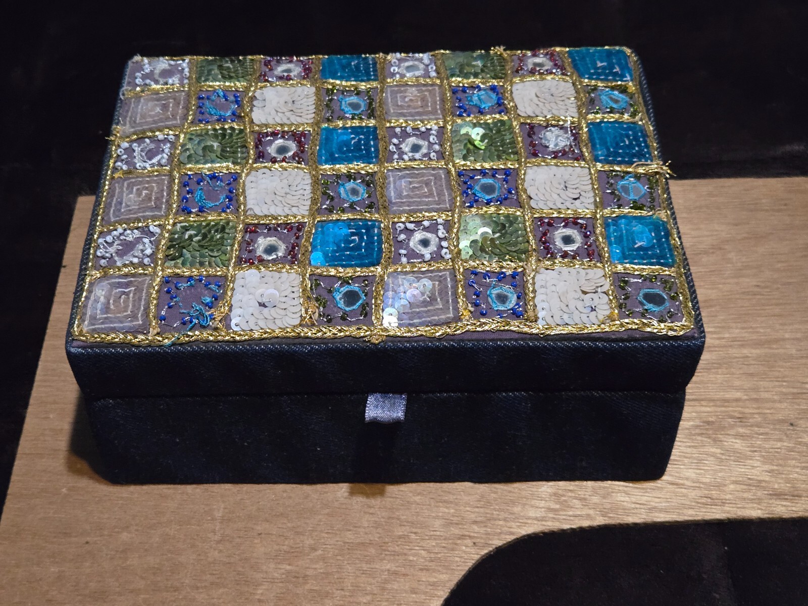 Denim Covered Sequined Trinket/Jewelry Box with Mirror-8" x 6" x 3"