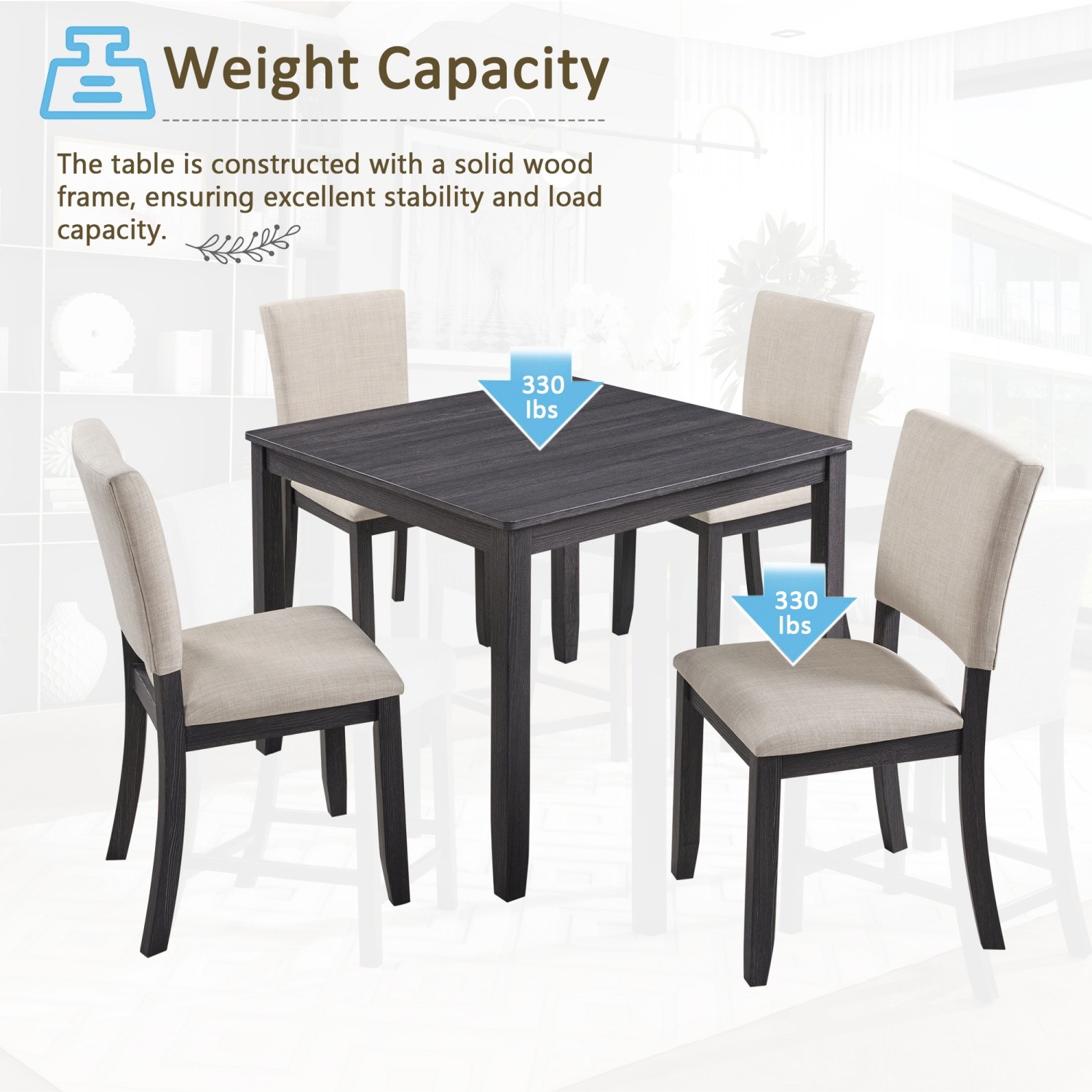 Modern 5 Piece Dining Table Set Wood Square Dining Table & 4 Upholstered Chairs