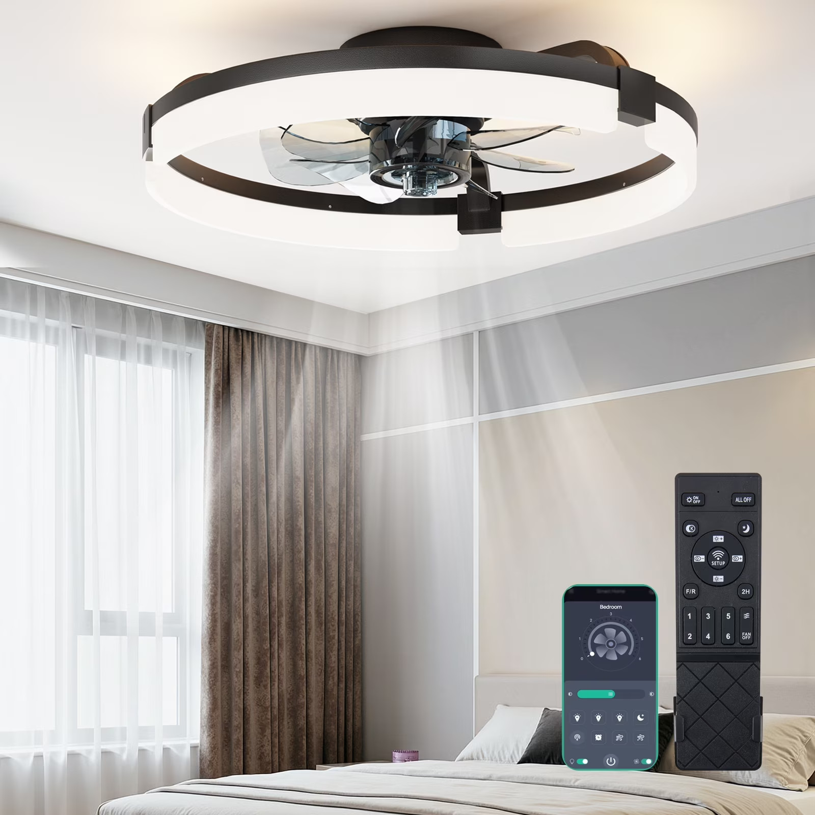 CONCETTA 19in Low Profile Flush Mount Ceiling Fan Dimmable LED Light Remote App