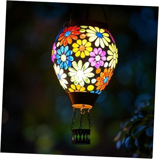 Hot Air Balloon Solar Lantern Glass Outdoor Hanging Hot Air Mosaic Flowers
