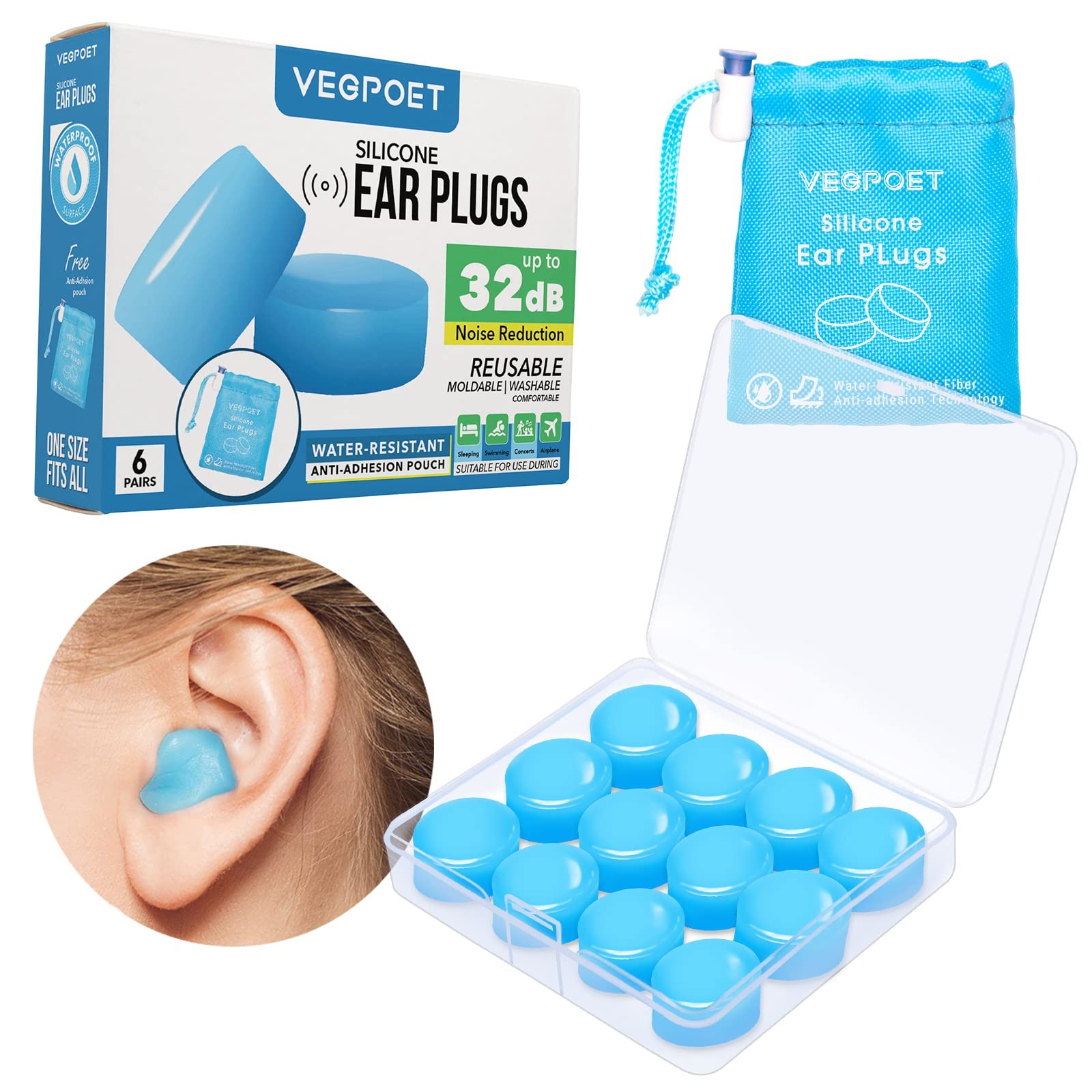 Ear Plugs for Sleeping - Vegpoet Reusable 12 count (Pack of 1), Deep Blue