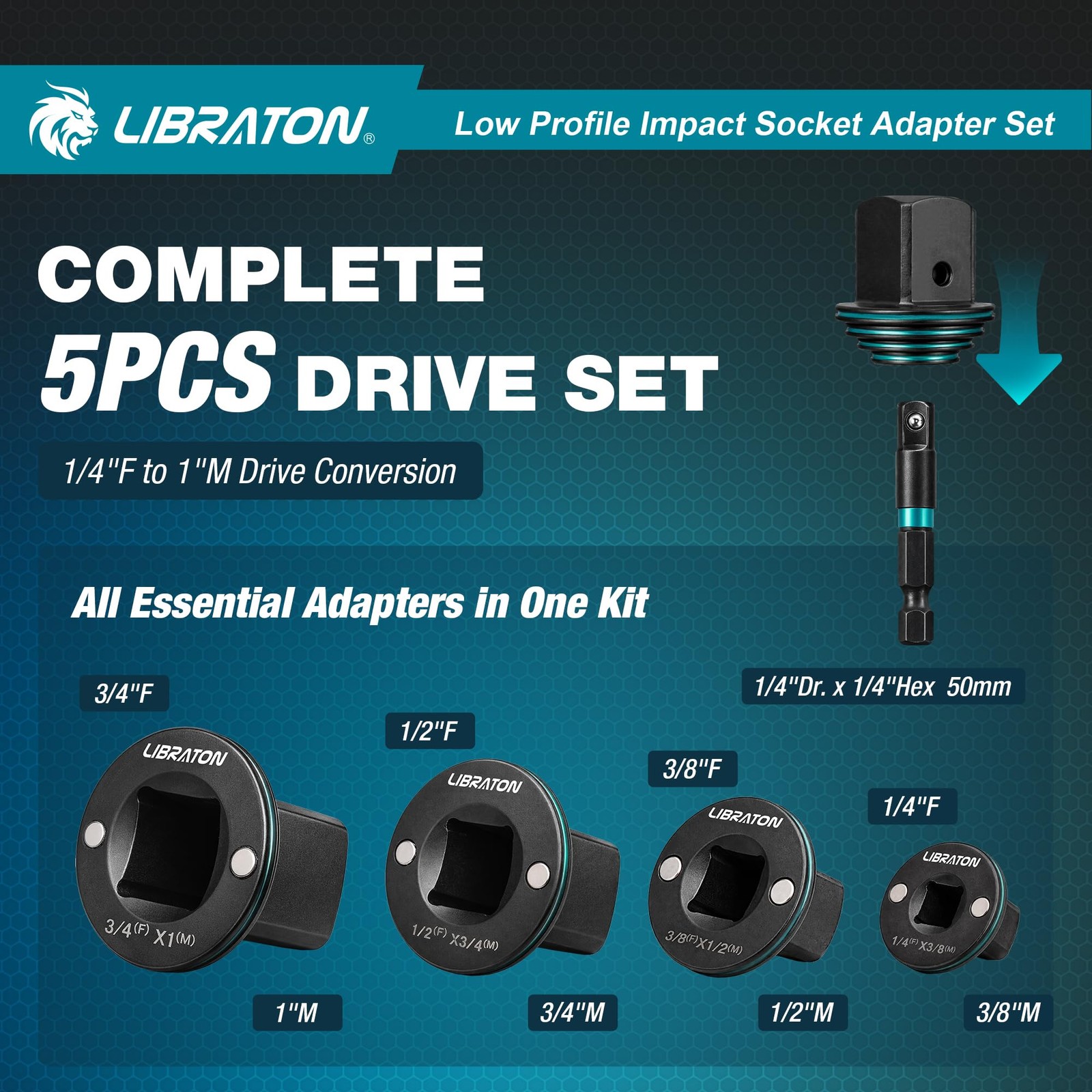 Low Profile Impact Socket Adapter Set, 5pc Magnetic Drive Converter Kit for T...