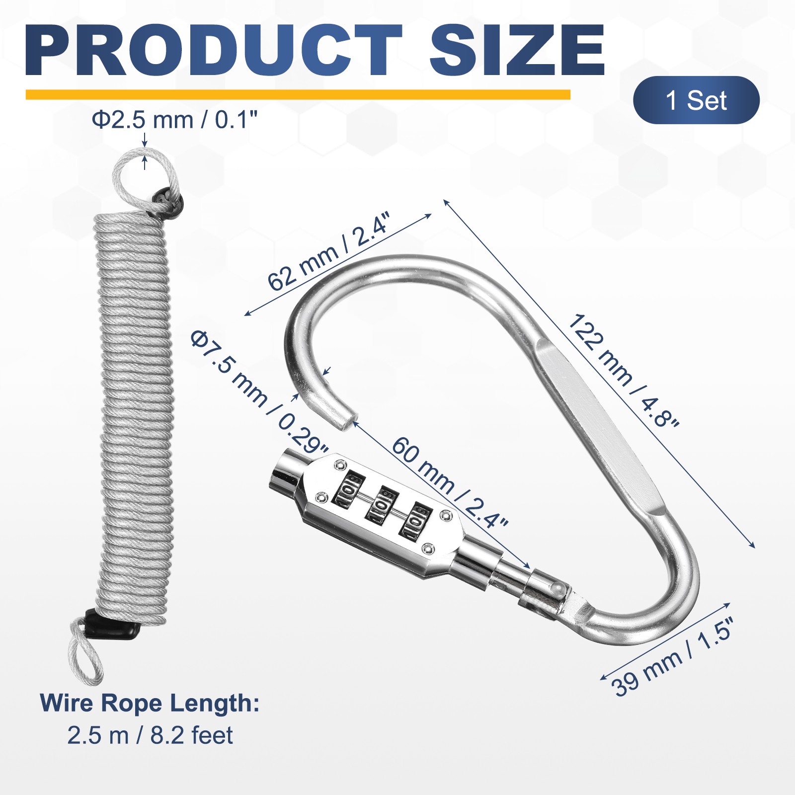 8.2Ft Security Cable Lock Steel Safety Cable with 4.8" Combination Lock Silver