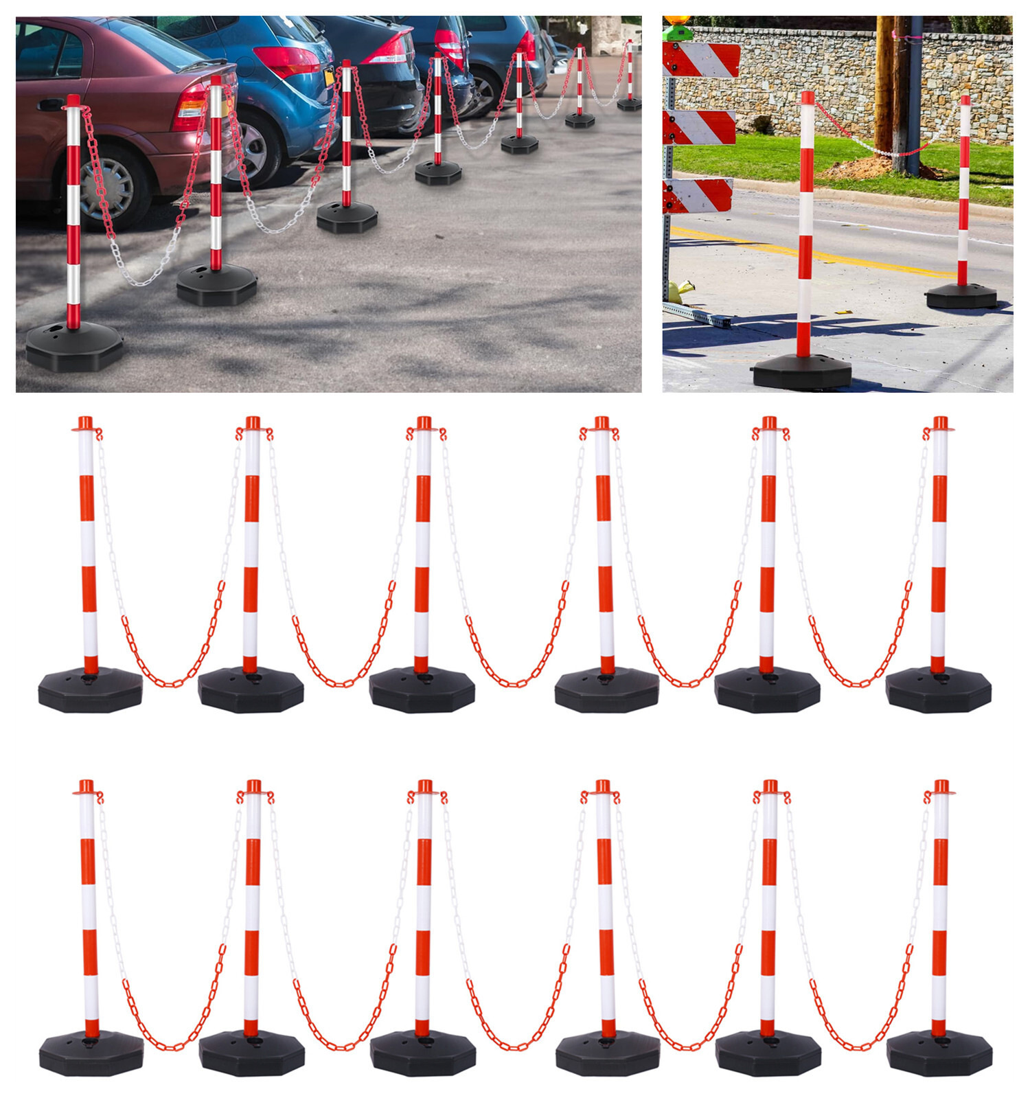 12×Traffic Safety Barrier with 5FT Plastic Chain Delineator Cones Safety Barrier
