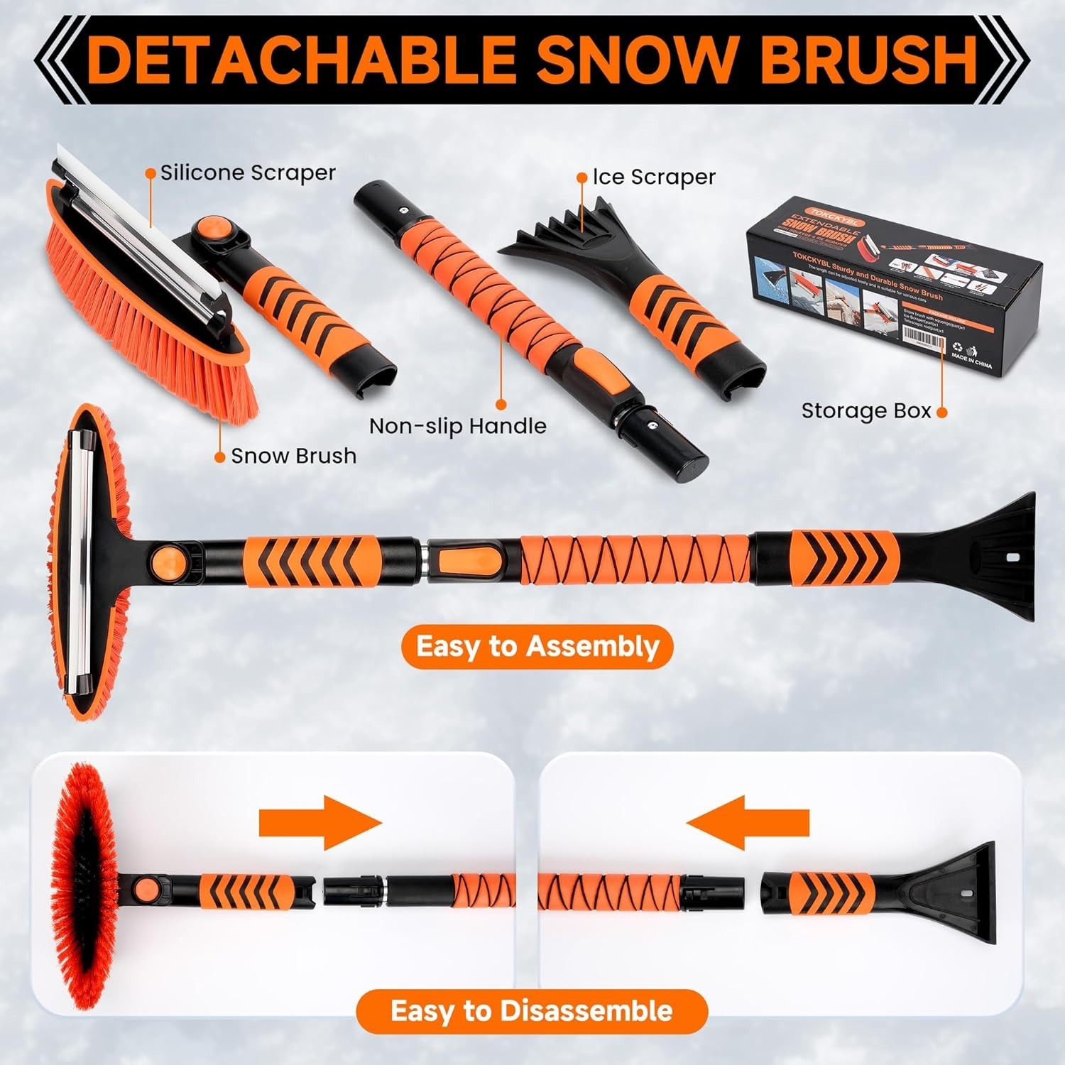 3-in-1 Car Snow Brush Ice Scraper Squeegee 43" Extendable 180 Pivot Windshield