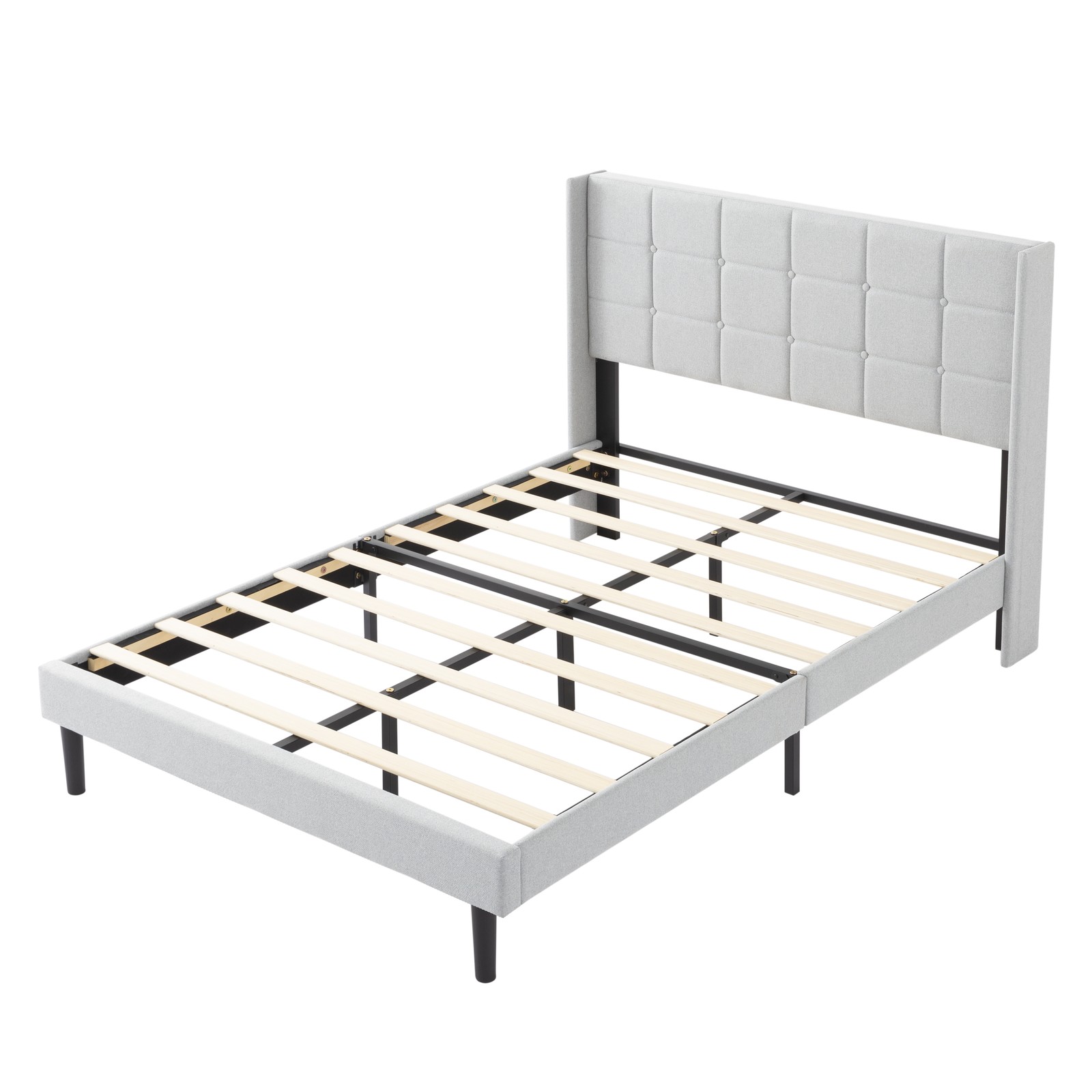 Full Size Platform Bed Frame with Upholstered Headboard, Light Gray