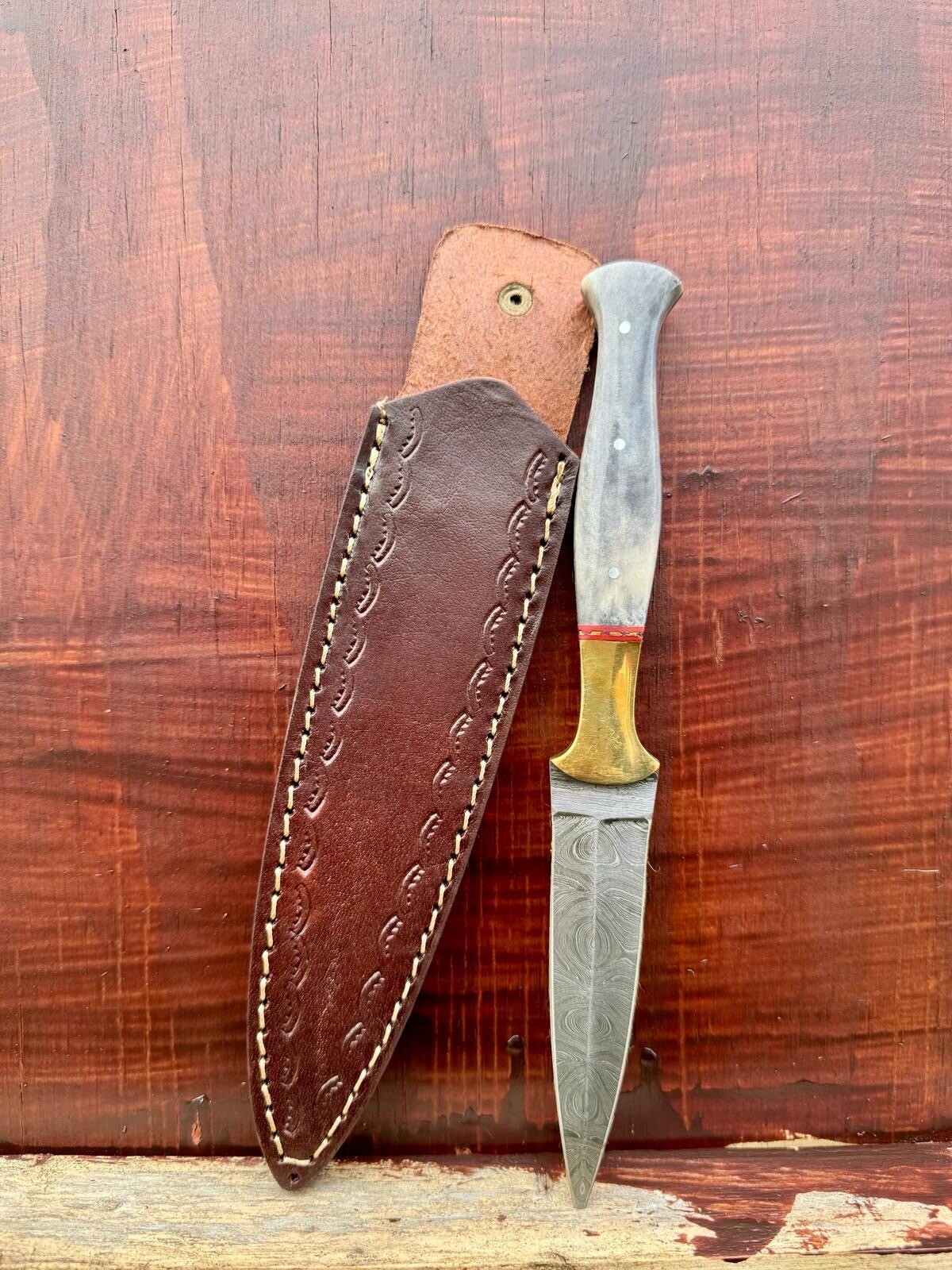 Damascus Dagger Knife With Leather Sheath Camel Bone Handle Brass Bolster