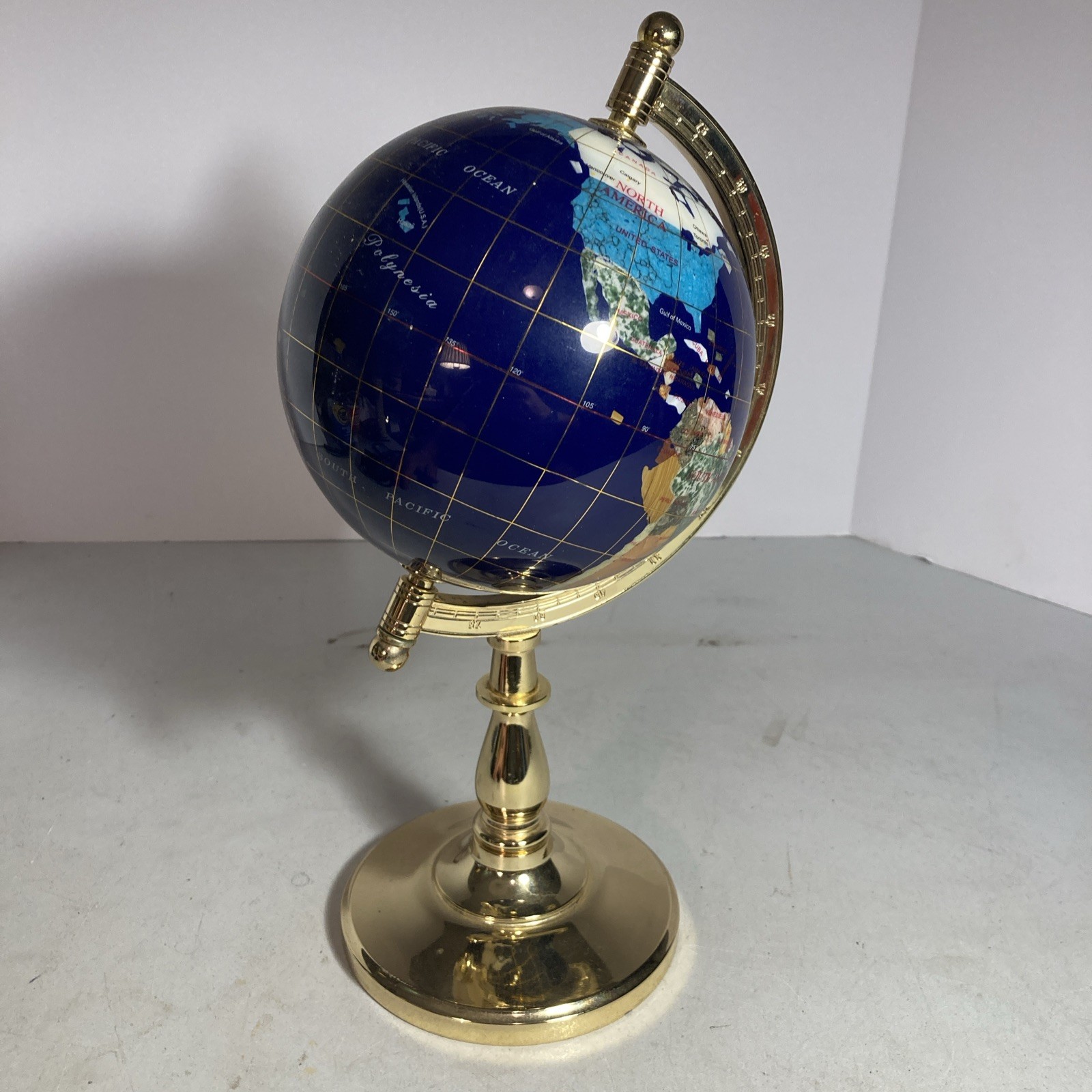 Blue Lapis Glass World Globe With Semi Precious Gem Stones on Brass/Stand. 13”