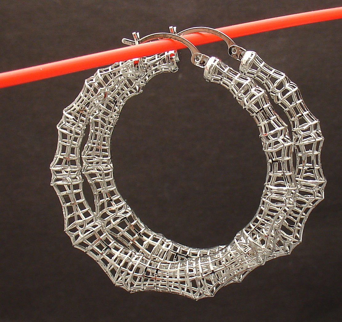 1 1/8" Technibond Cut-Out Bamboo Filigree Hoop Earrings Platinum Plated Silver