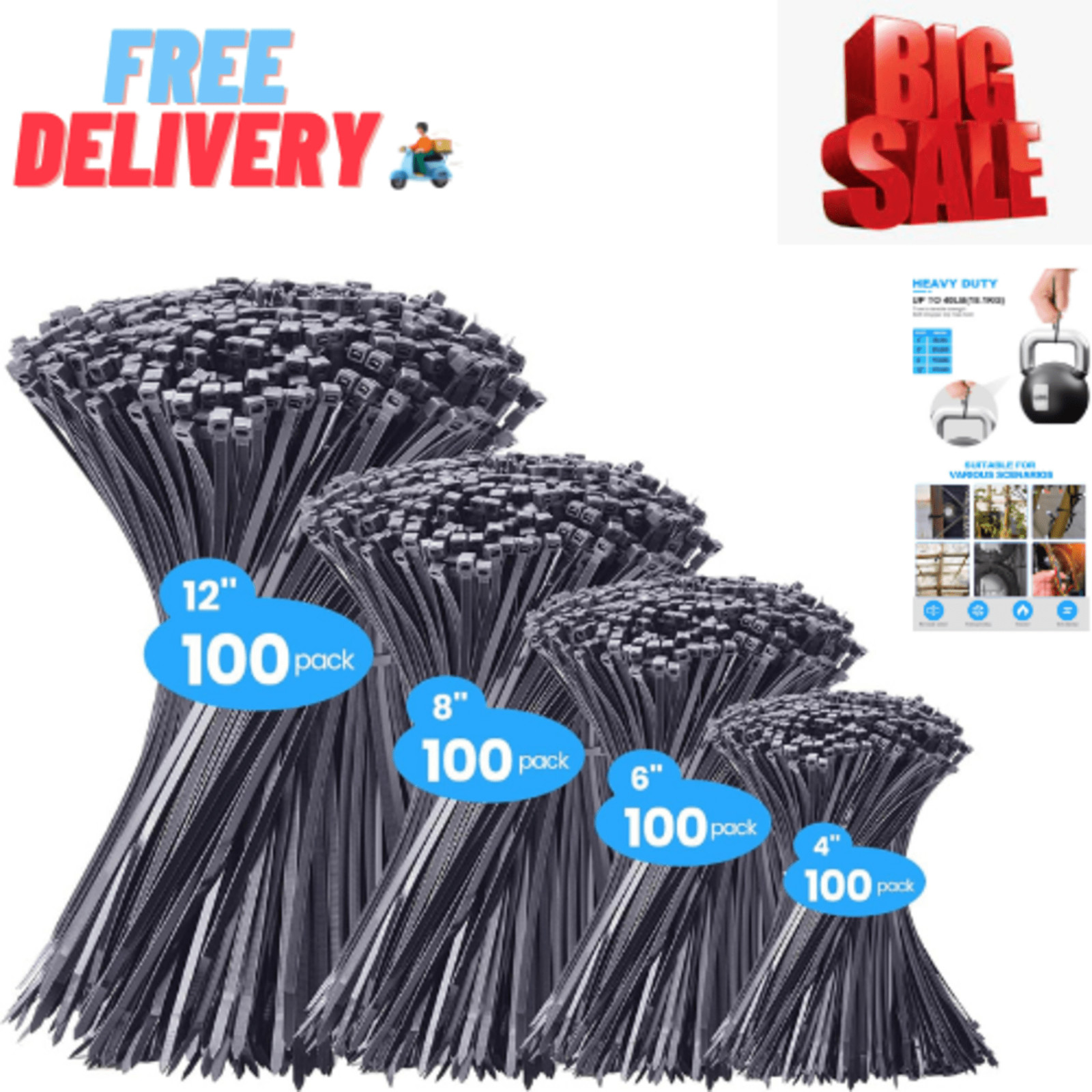 Zip Ties Assorted Sizes(4”+6”+8”+12”), 400 Pack, Black Cable Ties, UV Resistant
