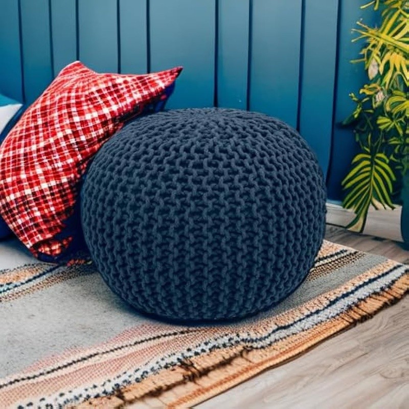 Hand Knitted Cable Pouf Ottoman Eco-Friendly Cotton Bean Bag Indoor Seating New