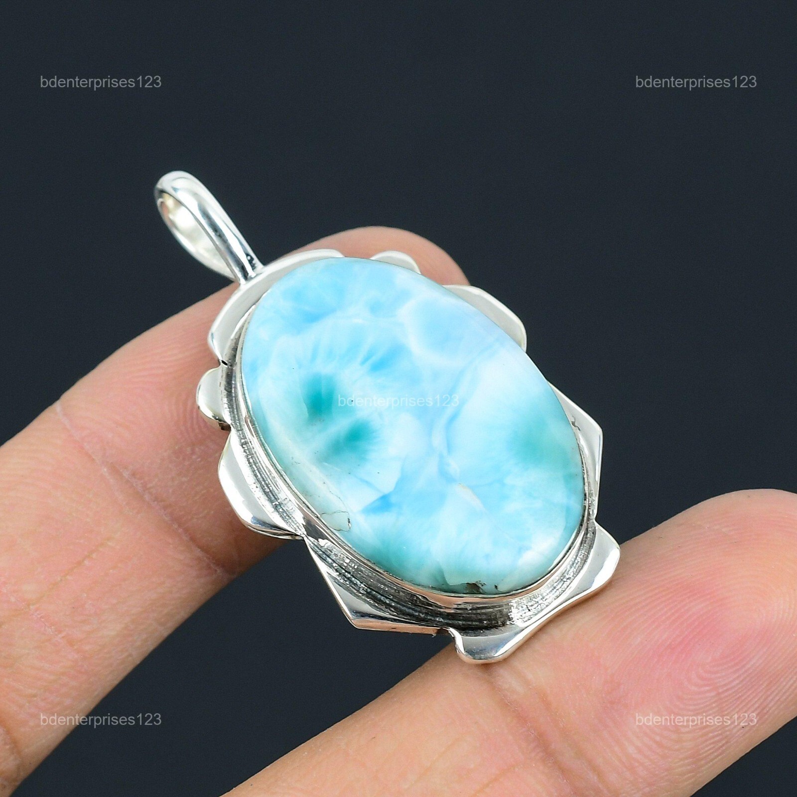 925 Sterling Silver Oval Larimar Gemstone Engagement Anniversary Pendant Jewelry