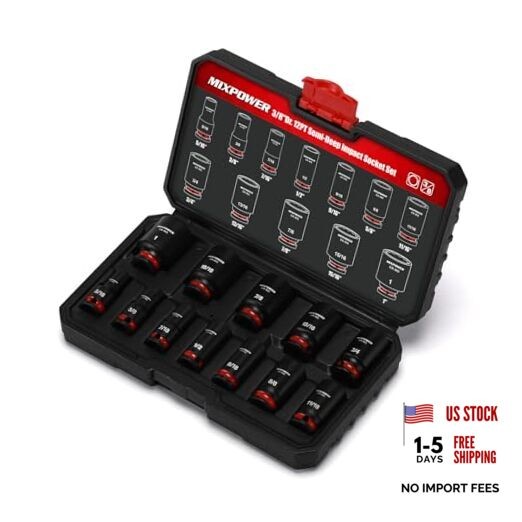 12 Pieces 3/8'' Drive Semi-Deep Impact Socket Set,12 Point,SAE,,CR 5/16"-1"