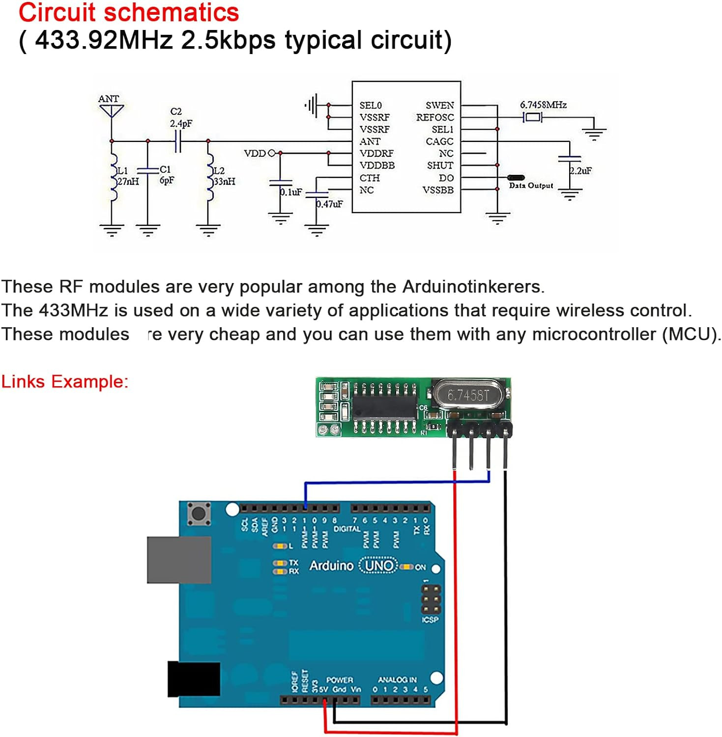 5Pcs 433Mhz Wireless RF Transmitter and Receiver with Antenna Ask Remote Control