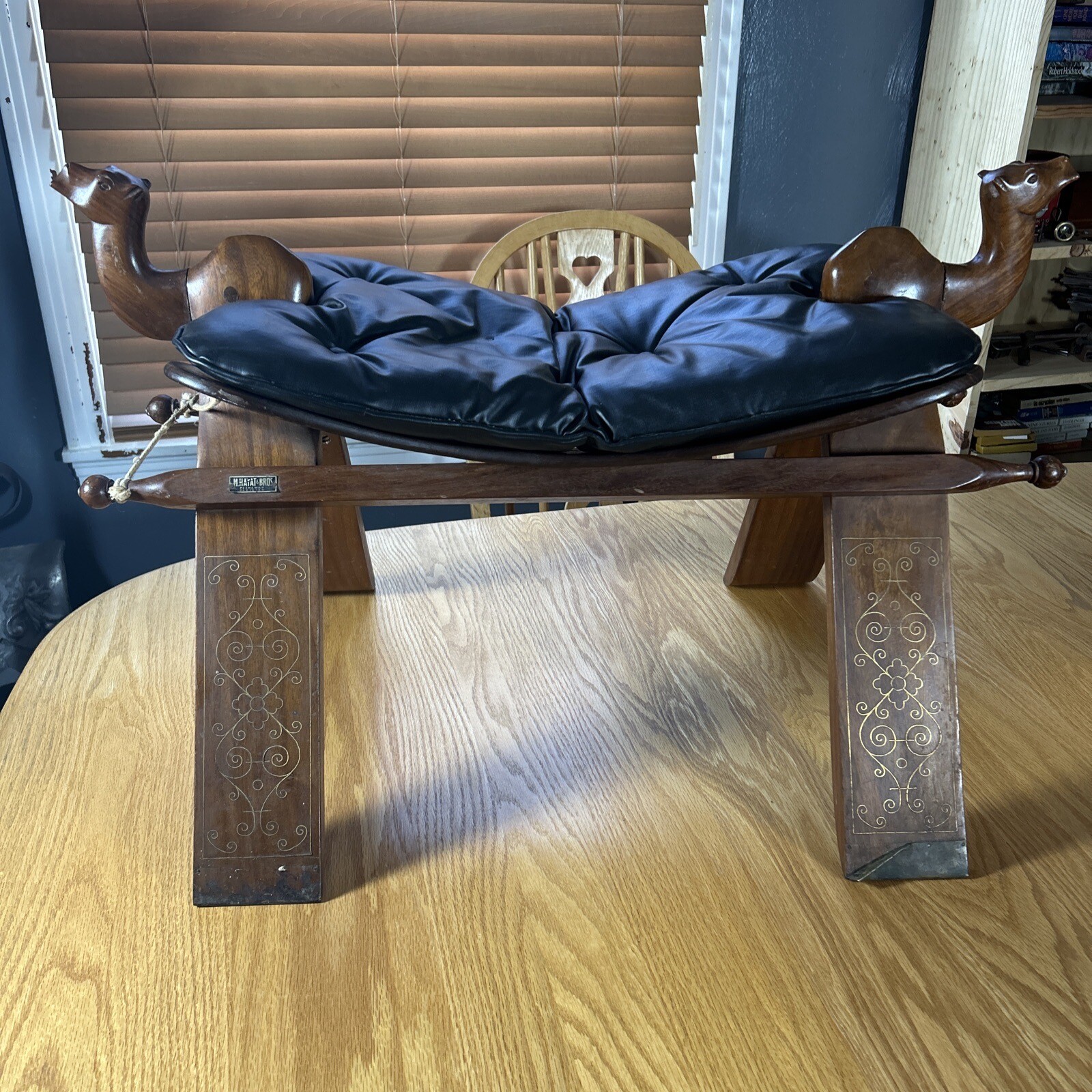 M Hayat Bros Camel Saddle Stool Rosewood Leather Ottoman 1950's Vintage Nice