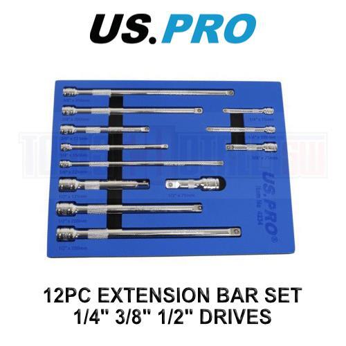 US PRO Tools 12pc Socket Extension Bar Set 1/4" 3/8" 1/2" DR In Foam Tray 4234