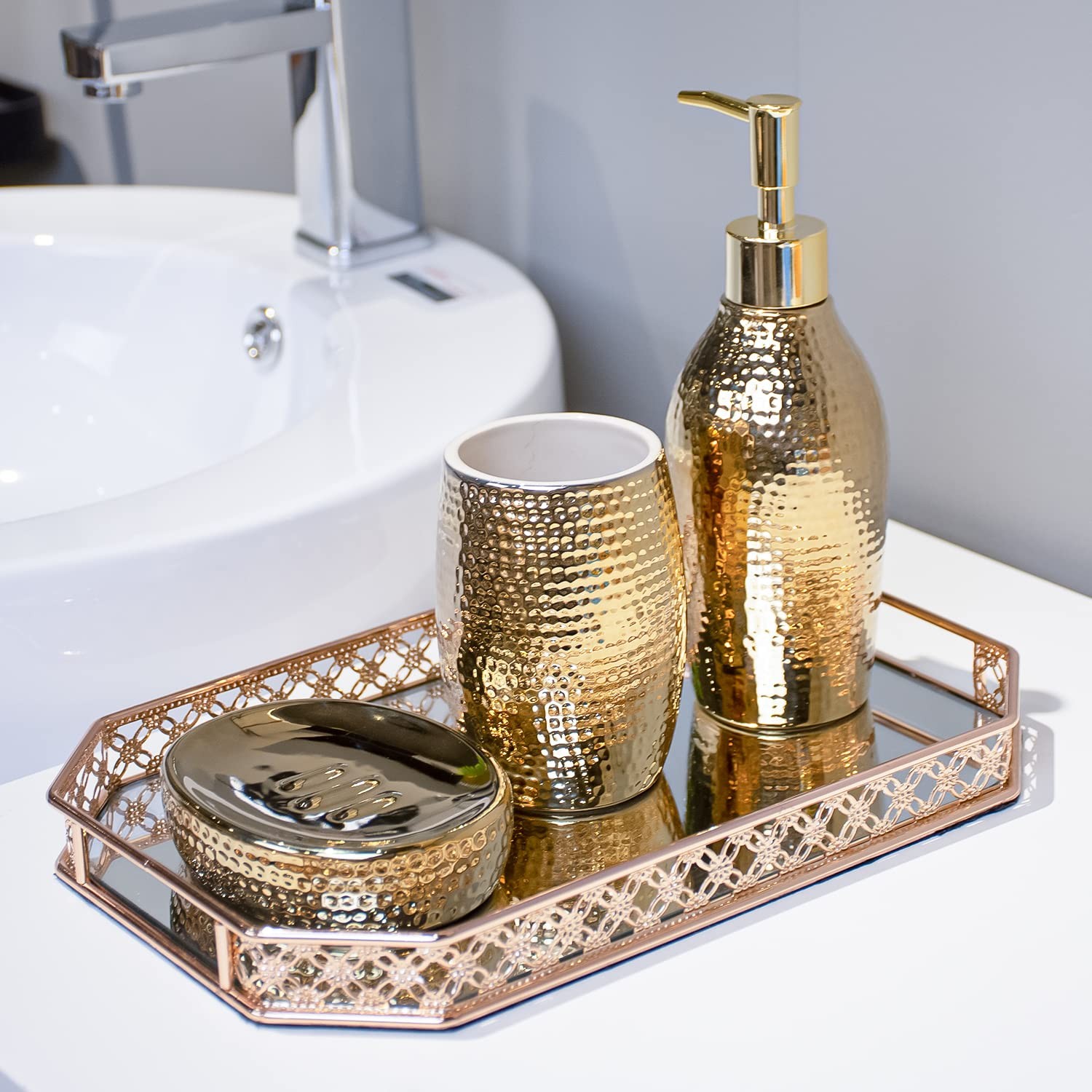 Gold Bathroom Accessory Set - 3 Piece Decorative Ceramic Bathroom Accessories S