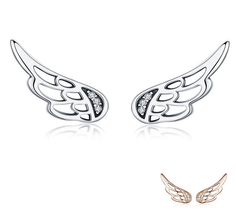 925 Sterling Silver Angel Wings Stud Earrings Silver and Rose Gold
