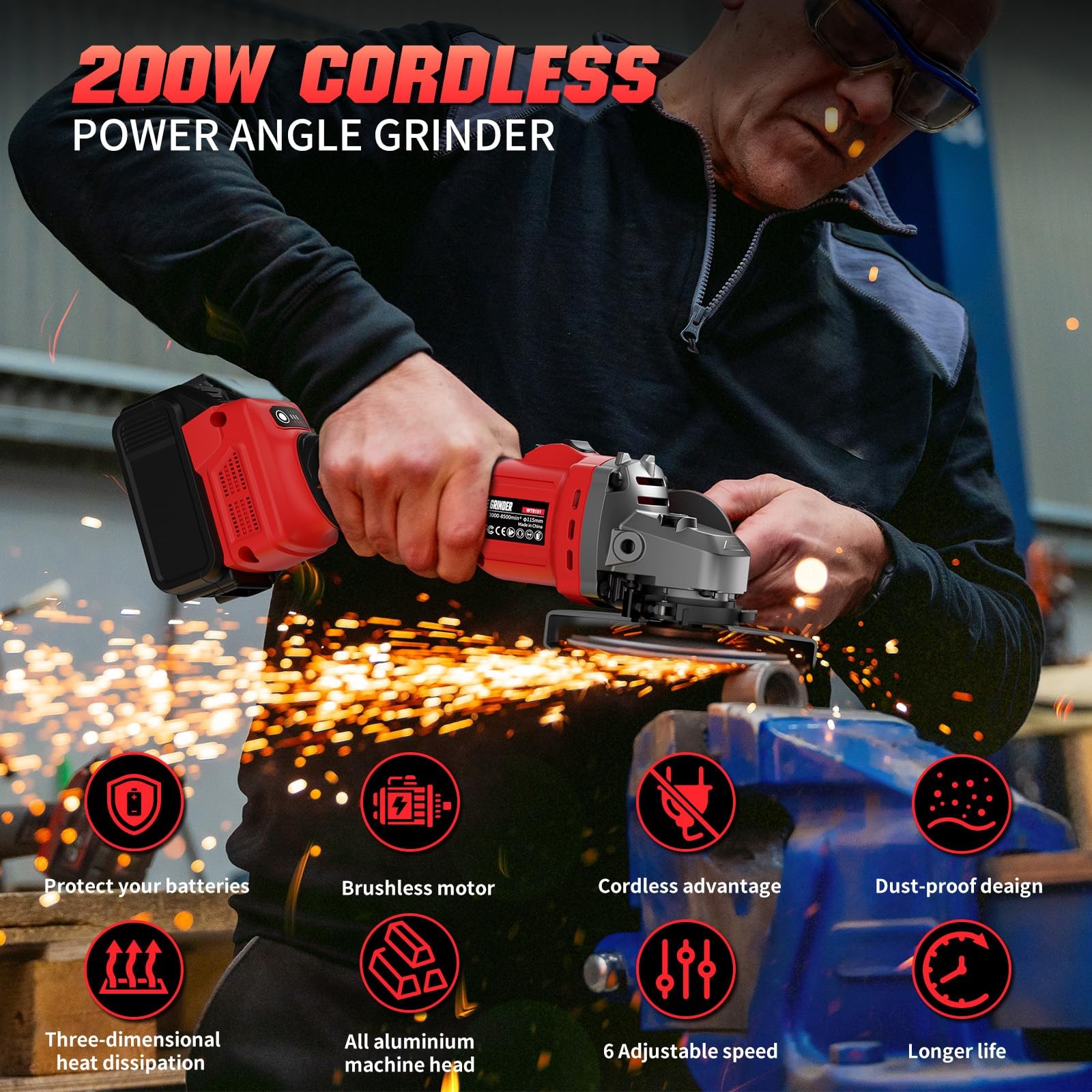 Angle Grinder 41/2" Cordless for Milwaukee 18V/M18 Battery, 6 Variable Speed ...
