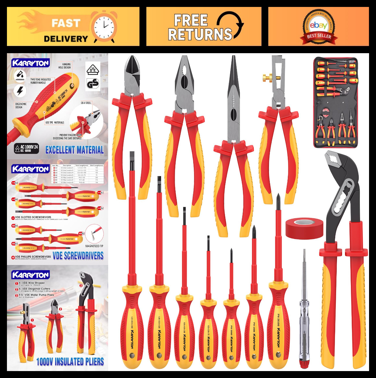 14PC Insulated Electrician Tool Set, VDE Certified Electrical Kit, Pliers, Screw
