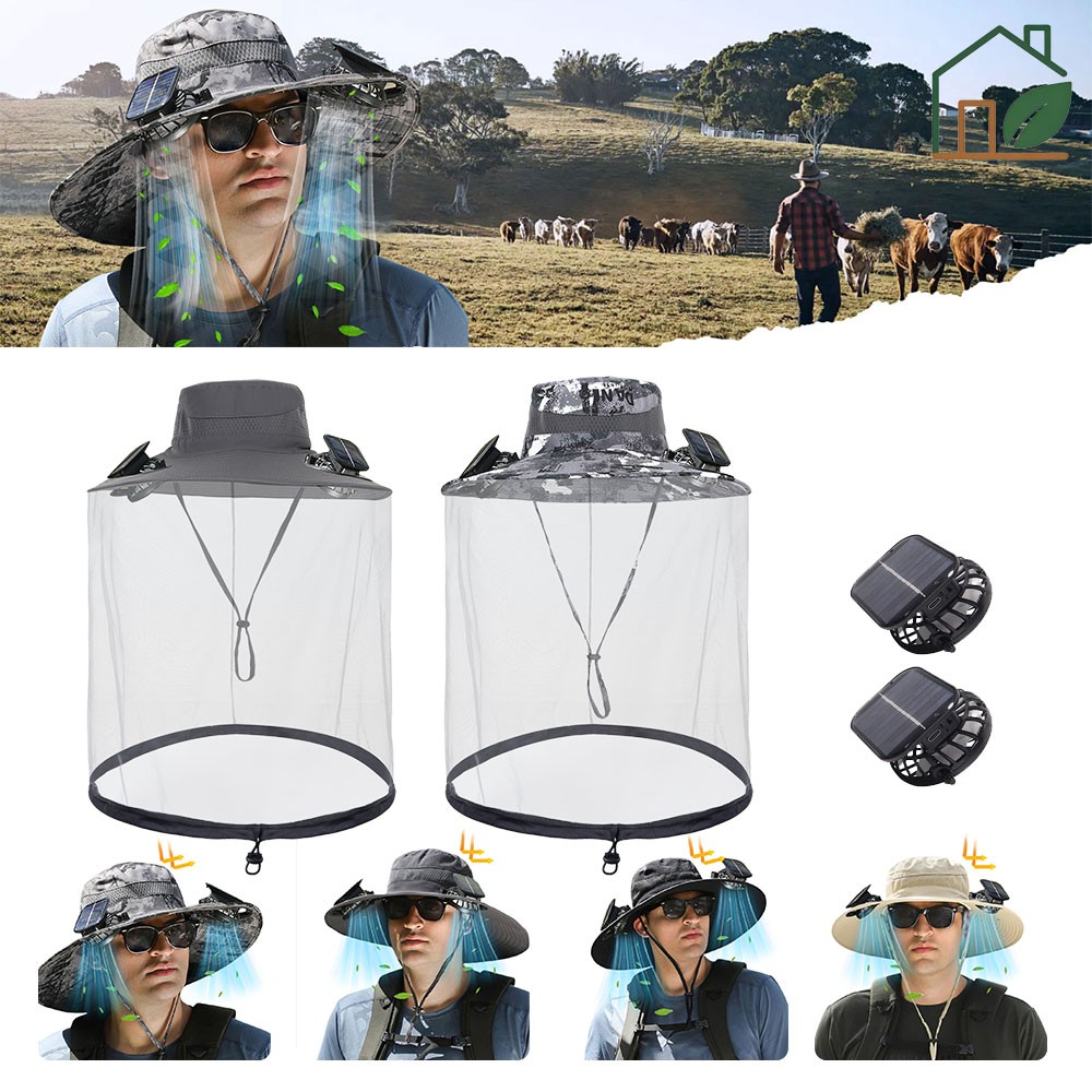 Outdoor Wide Brim Sun Hat with Solar & USB Fan Mosquito Head Net UV Protection