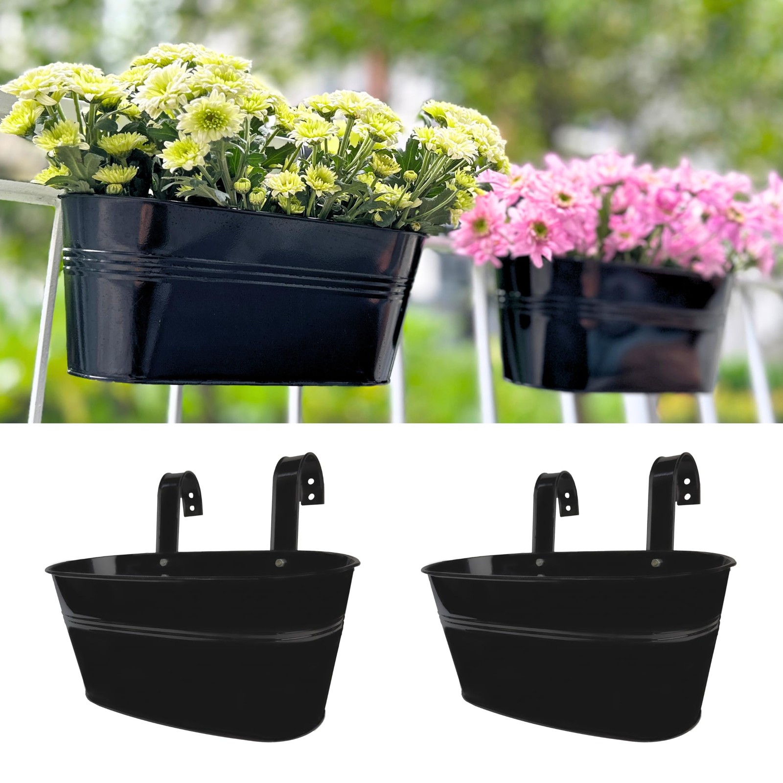 LaLaGreen Rail Planter Outdoor Plants (11.8 Inch, 2 Pack) Black Metal Iron Fe...