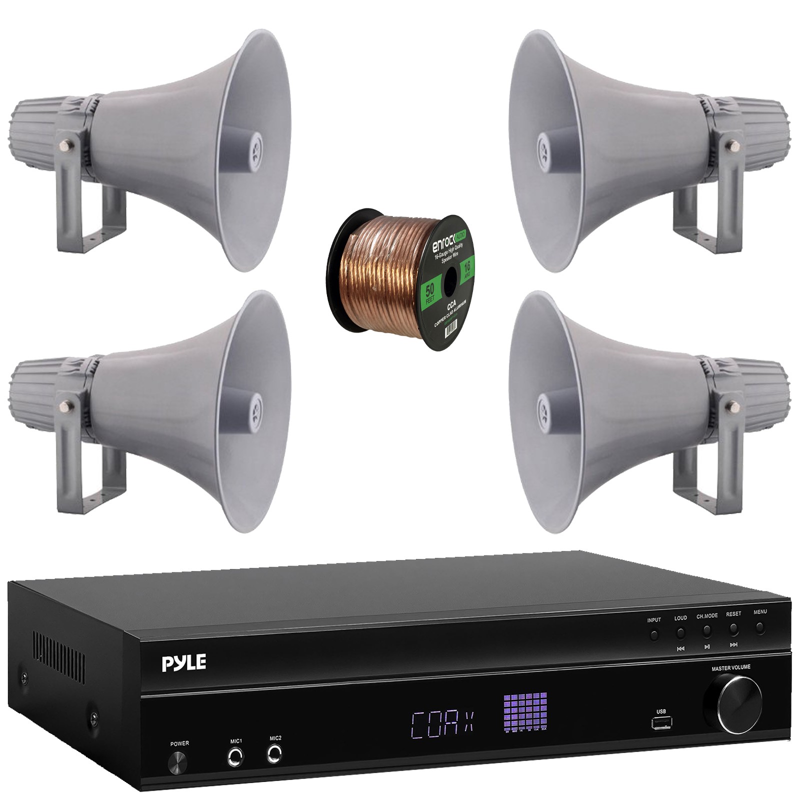 Pyle PT875BT Karaoke Echo Audio Receiver, 4x 12.7'' 60W PA Horn Speakers, Wire