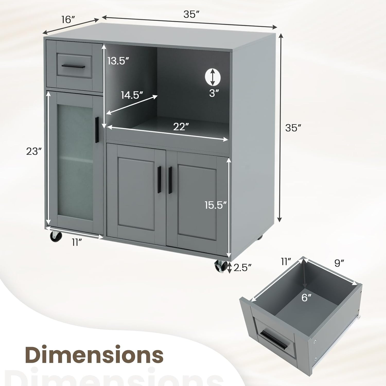 Rolling Kitchen Island Cart with Storage & Adjustable Shelf, Grey