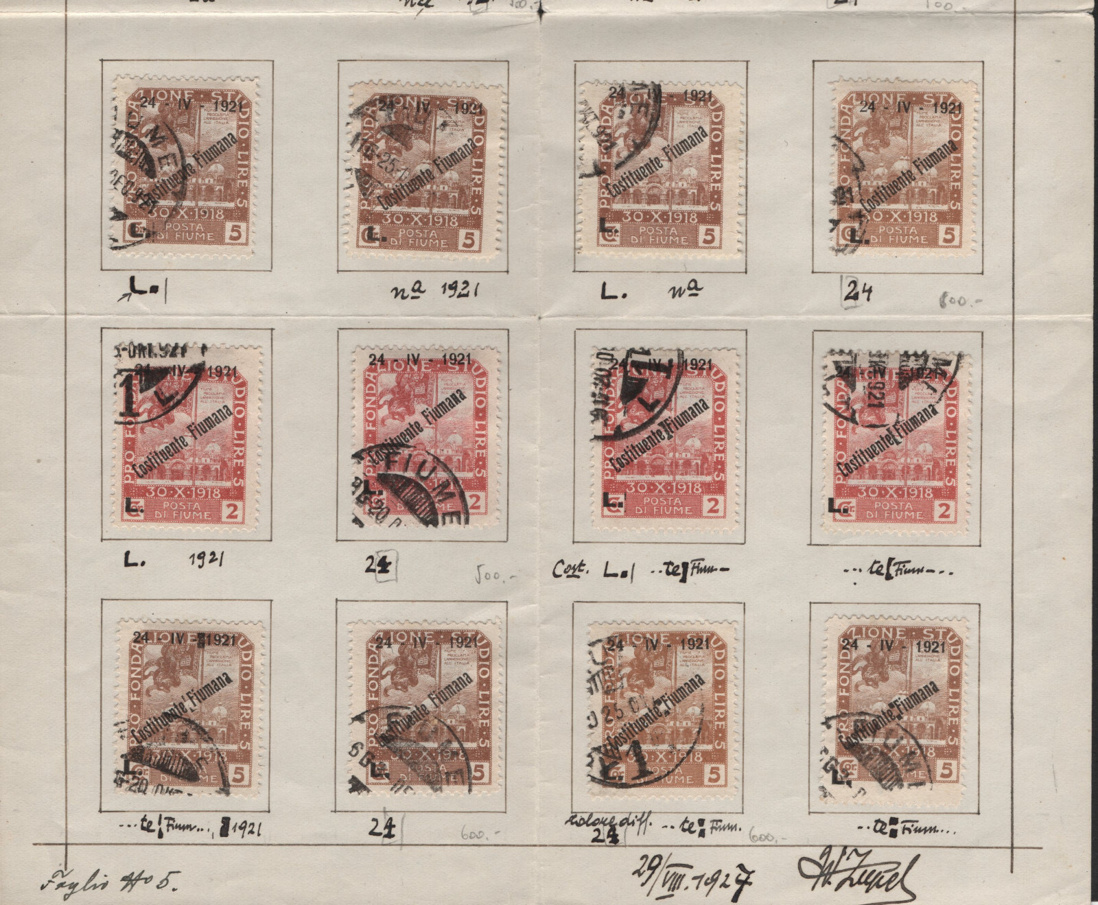 ✔️ FIUME UNIQUE HIGH VALUE STUDY EXPERTISE STAMPS VARIETY, ON FIVE LARGE SHEETS