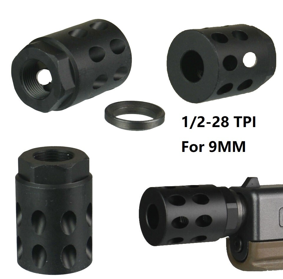 High Quality 1/2x28 TPI Muzzle Brake Compensator Anodized Black For 9mm Glock