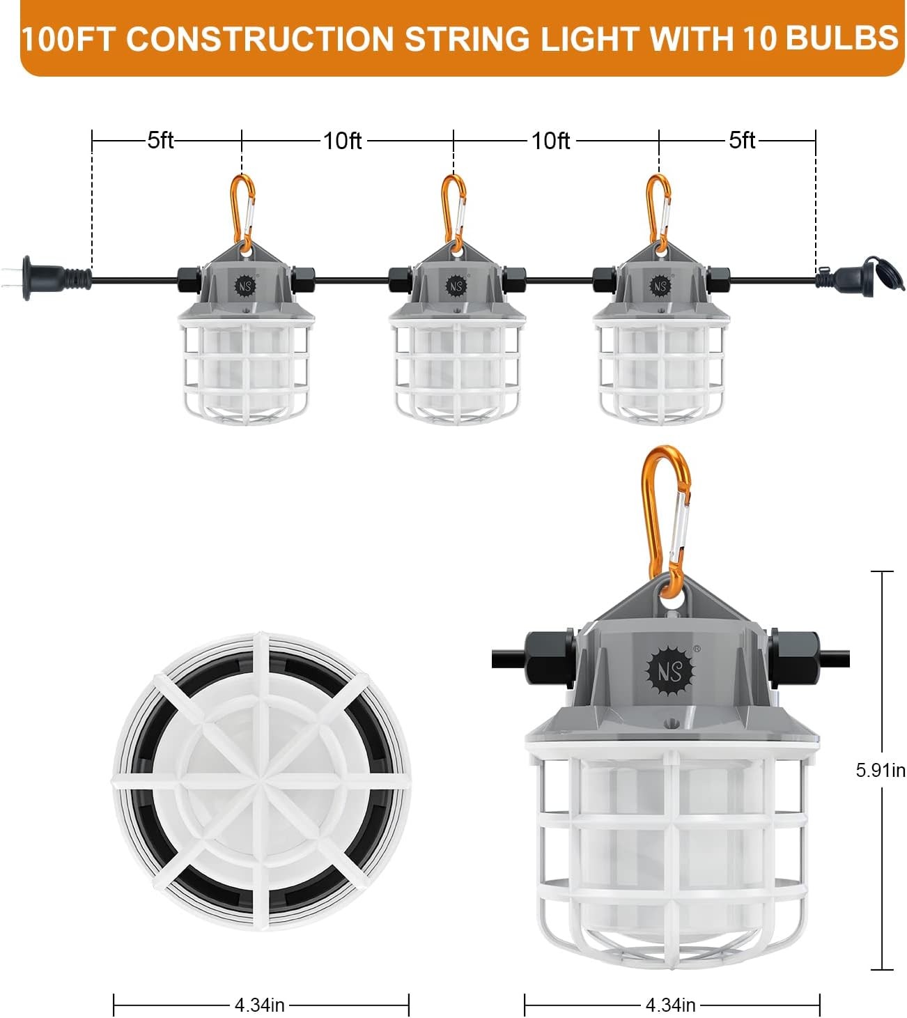NS 100ft LED Construction String Lights, 150W 15000lm LED String Work Lights, Te