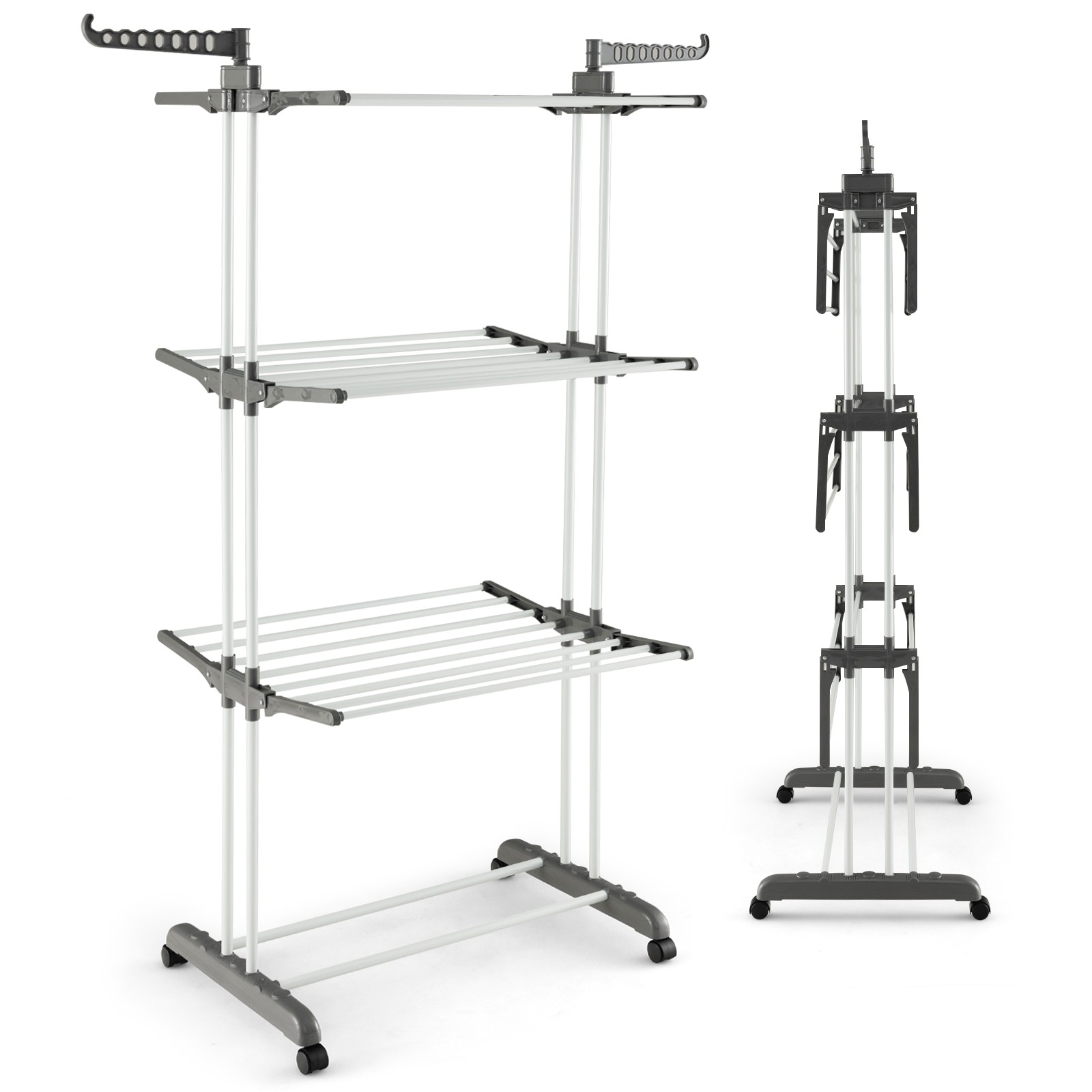 3-tier Folding Clothes Drying Rack w/ Rotatable Side Wings & Collapsible Shelves