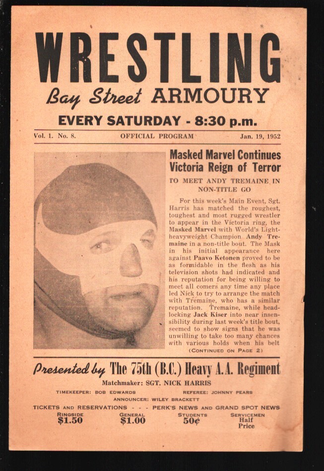 Sports Pub: Wrestling Program-Bay Street Armoury 1/19/1952-Masked Marvel cove...