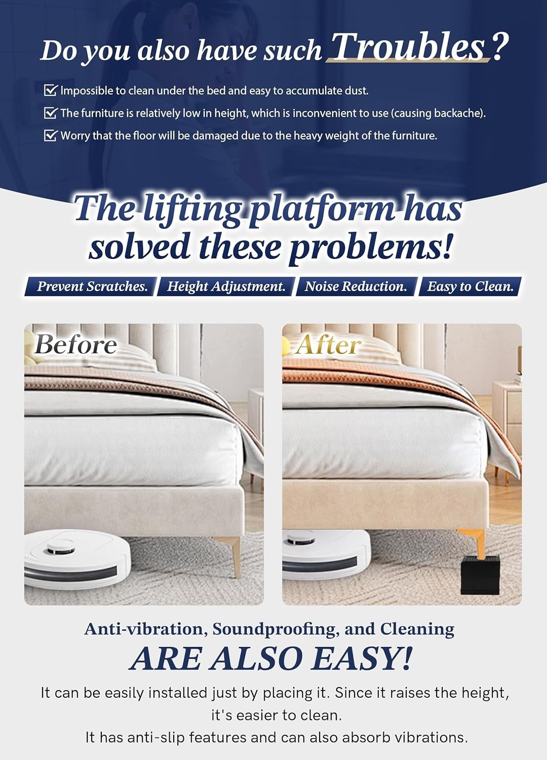 EclatBain Bed Risers Furniture Risers Heavy-Duty Rectangular Adjustable Block