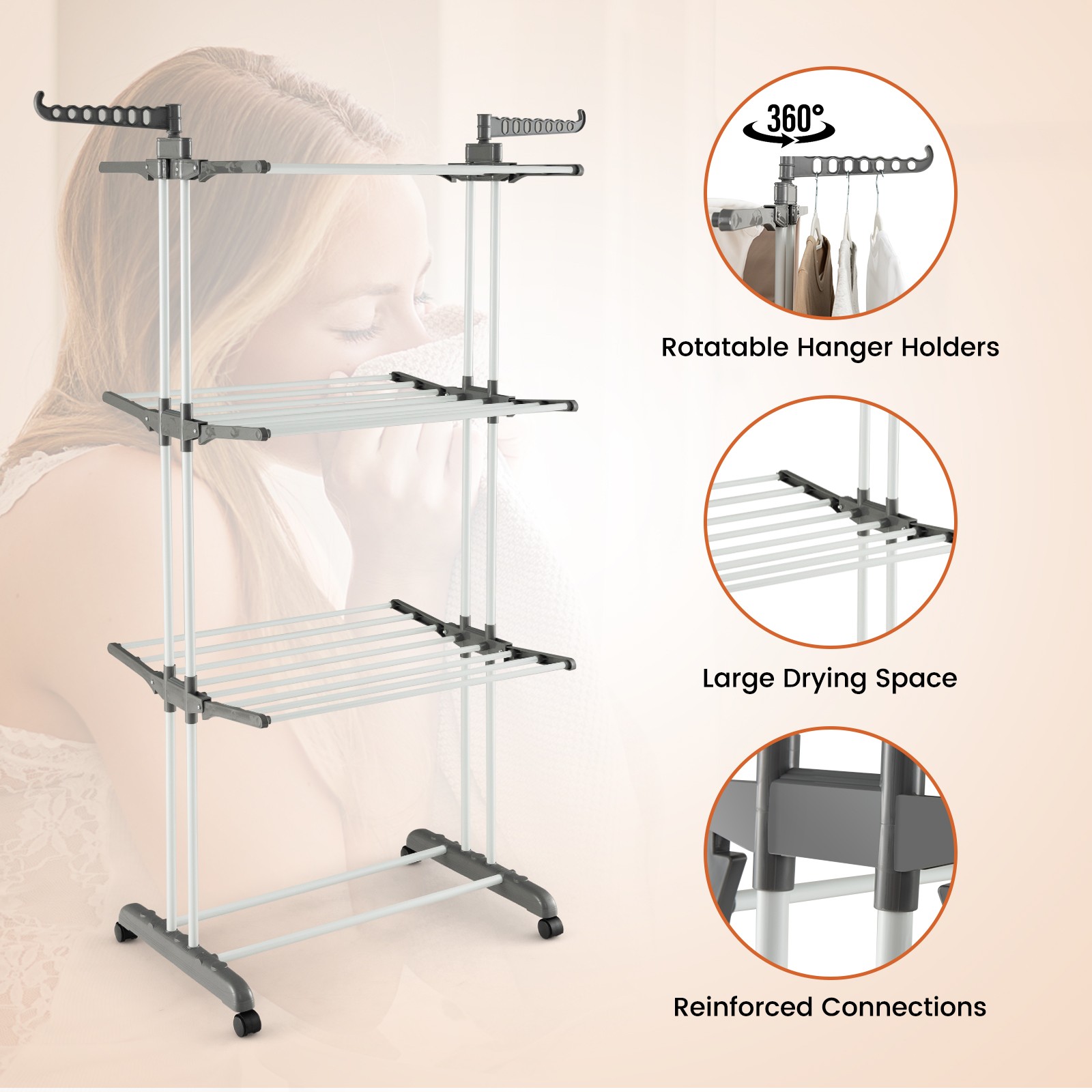 3-tier Folding Clothes Drying Rack w/ Rotatable Side Wings & Collapsible Shelves