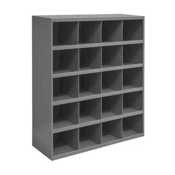 Mfg Pigeonhole Bin Unit, 33.75 in W x 12 in D x 42 in H, 20 Compartments, Gray,