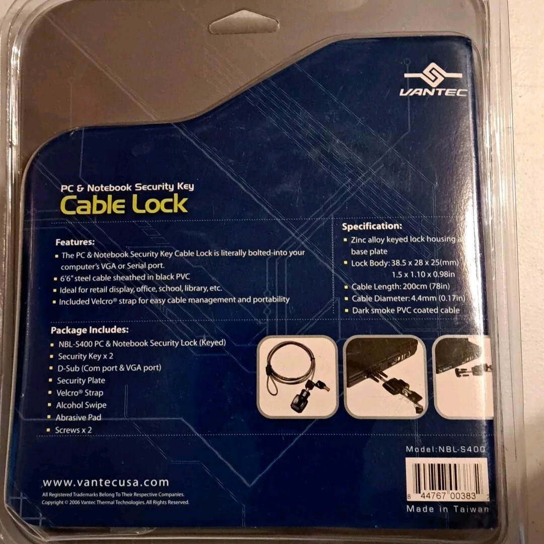 PC & Notebook Laptop Computer Security Key Keyed Cable Lock NBL-S400 Vantec